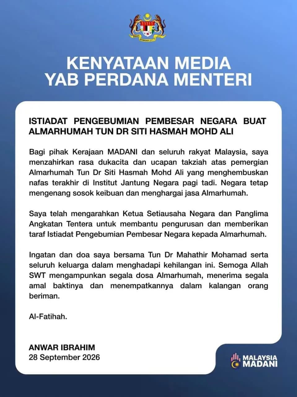 Penghormatan tertinggi dan salam takziah dari YAB PMX @anwaribrahim